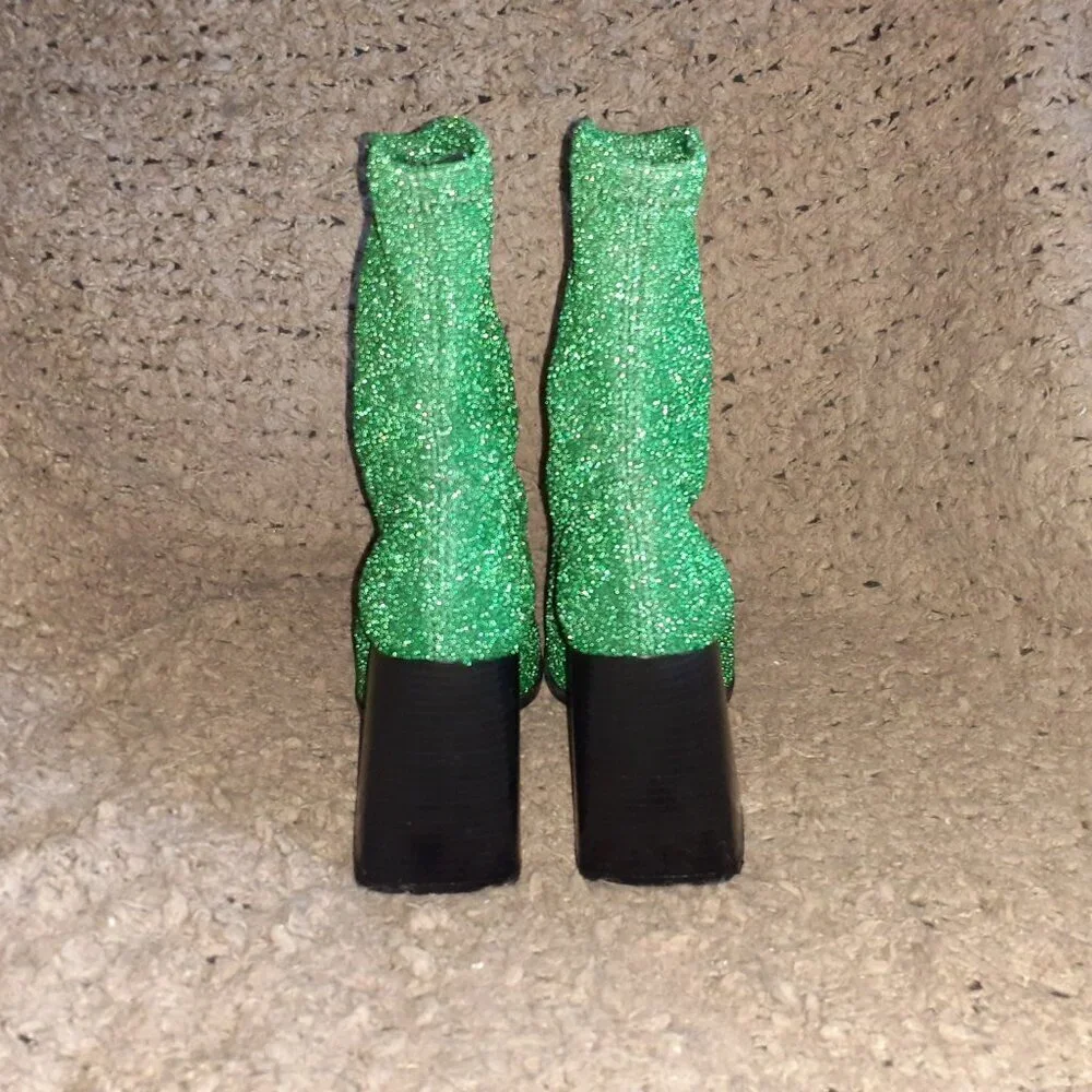 L'INTERVALLE-Green Glitter-Stretch High Heel Ankle Sock Boots-Sz 40-Near Mint - Picture 5 of 6